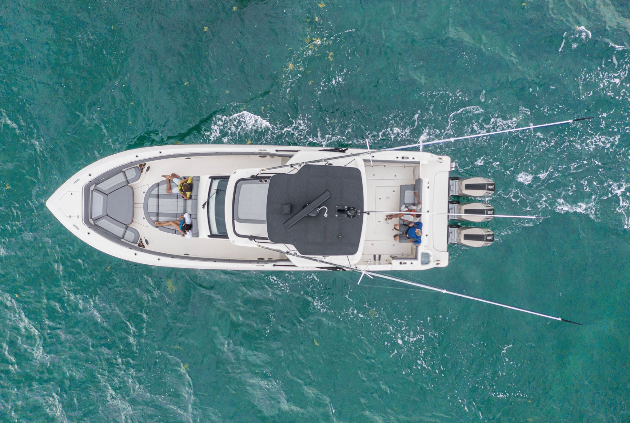 Overhead shot of the Boston Whaler 420 Outrage on blue waters